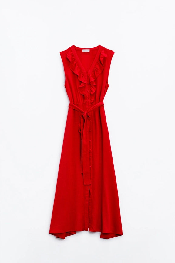 Long Red Dress with Ruffle and Button Detail-Dress-Q2-S-Red-Urbanheer