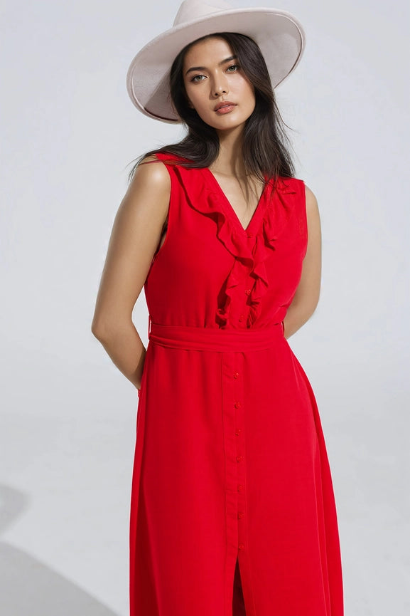 Long Red Dress with Ruffle and Button Detail-Dress-Q2-S-Red-Urbanheer