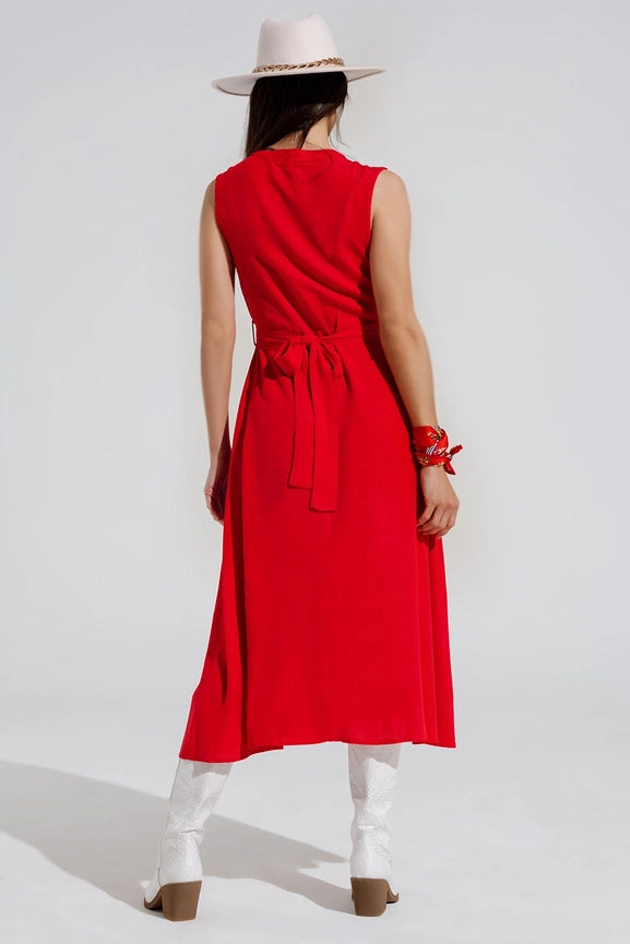 Long Red Dress with Ruffle and Button Detail-Dress-Q2-S-Red-Urbanheer