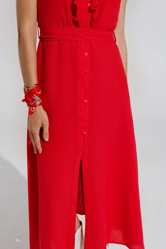 Long Red Dress with Ruffle and Button Detail-Dress-Q2-S-Red-Urbanheer