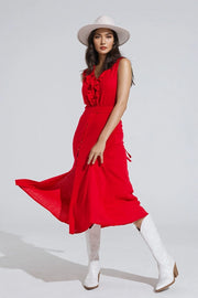 Long Red Dress with Ruffle and Button Detail-Dress-Q2-S-Red-Urbanheer