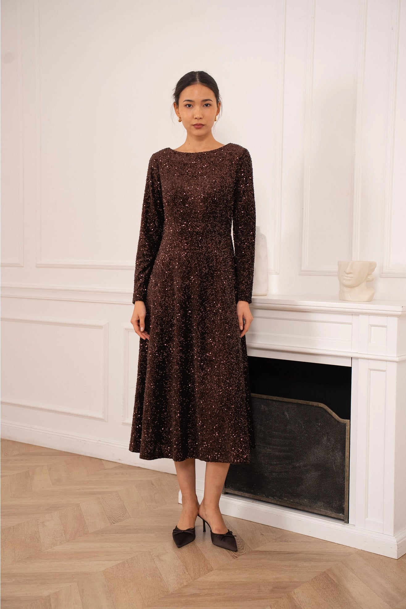 Long Sequin Dress with Long Sleeves in Mocha