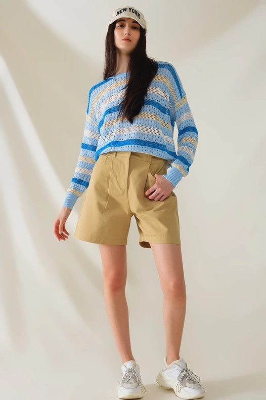 Long Sleeve Blue Multicolored Sweater with Boat Neck-Sweater-Q2-OS-Blue-Urbanheer