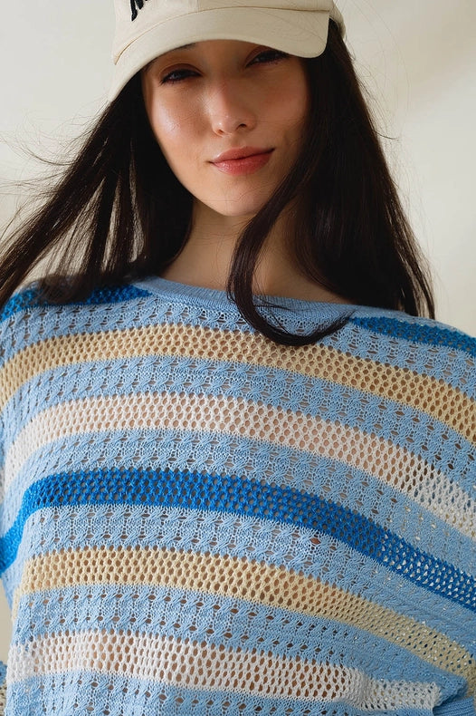 Long Sleeve Blue Multicolored Sweater with Boat Neck-Sweater-Q2-OS-Blue-Urbanheer