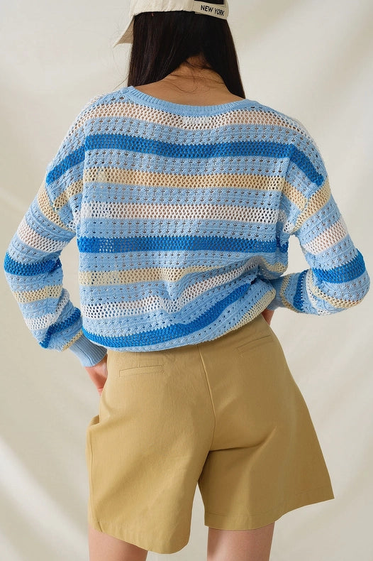 Long Sleeve Blue Multicolored Sweater with Boat Neck-Sweater-Q2-OS-Blue-Urbanheer