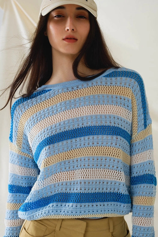 Long Sleeve Blue Multicolored Sweater with Boat Neck-Sweater-Q2-OS-Blue-Urbanheer