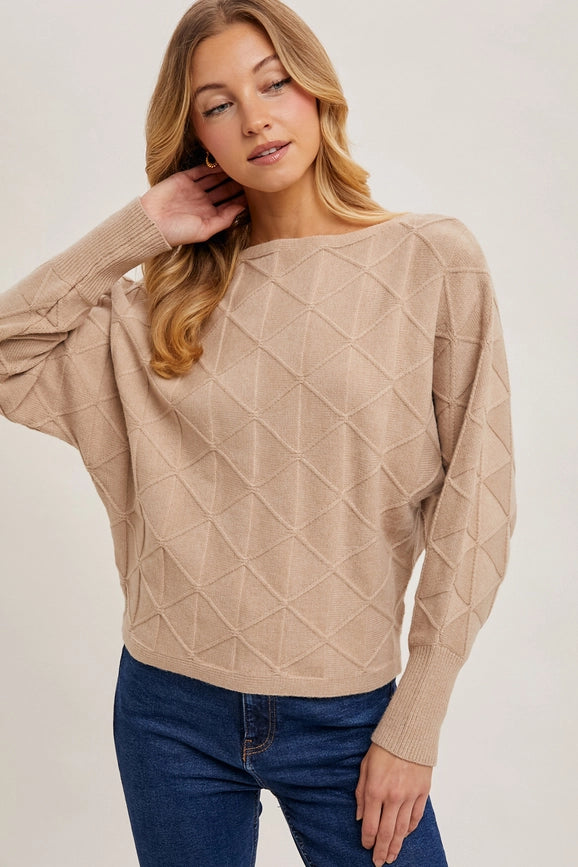 Long Sleeve Boat Neck Diamond Knit Sweater BEIGE-Sweater-Peace Love Line-S/M-Urbanheer