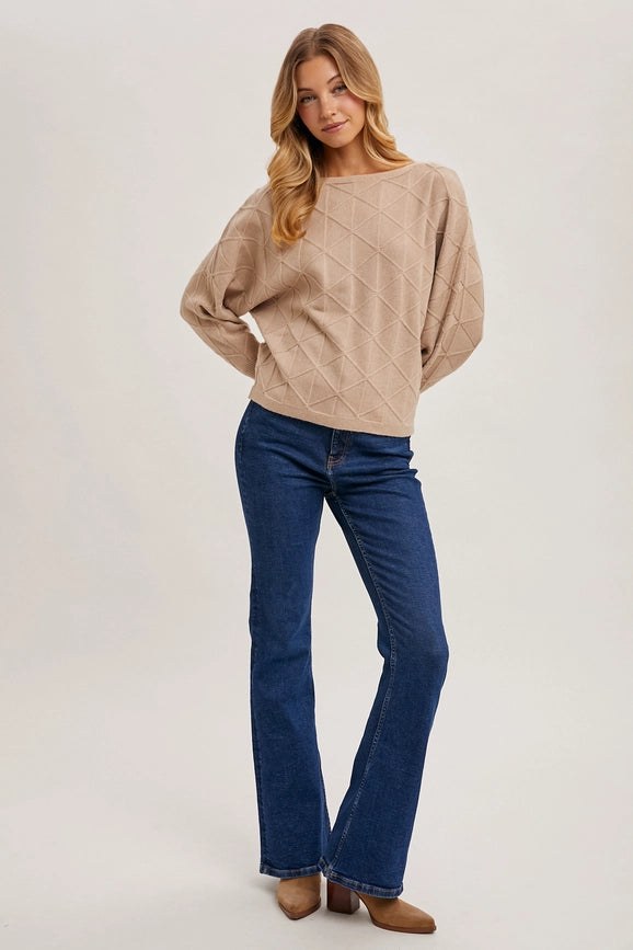 Long Sleeve Boat Neck Diamond Knit Sweater BEIGE-Sweater-Peace Love Line-S/M-Urbanheer