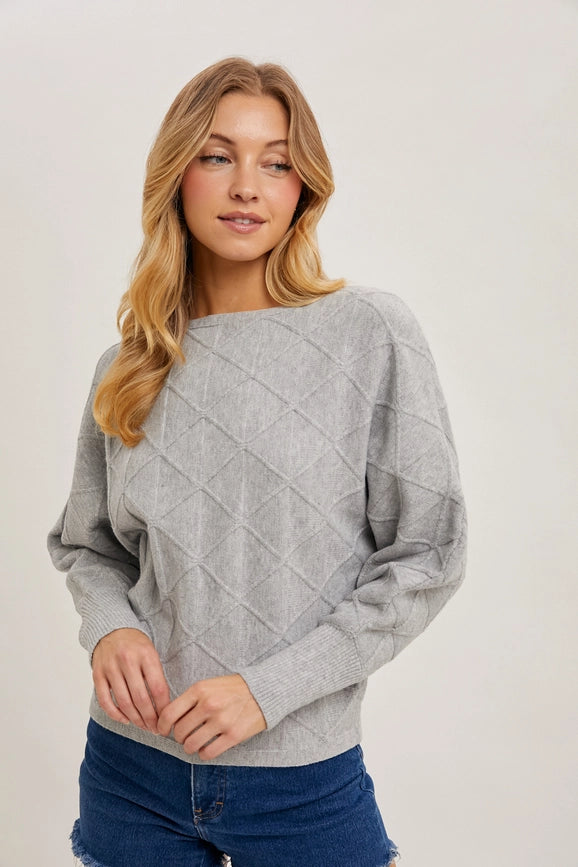 Long Sleeve Boat Neck Diamond Knit Sweater H GREY-Sweater-Peace Love Line-S/M-Urbanheer