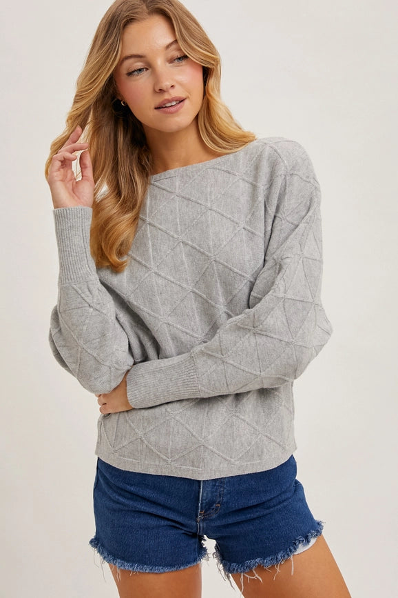Long Sleeve Boat Neck Diamond Knit Sweater H GREY-Sweater-Peace Love Line-S/M-Urbanheer