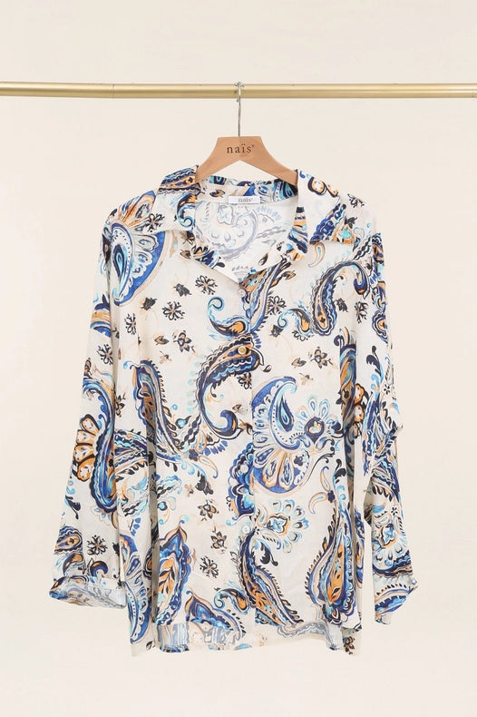 Long Sleeve Cashmere Print Shirt-Shirt-NAÏS PARIS-One size-Navy Blue-Urbanheer