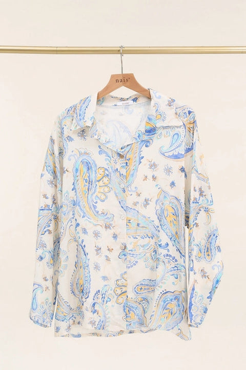 Long Sleeve Cashmere Print Shirt-Shirt-NAÏS PARIS-One size-Sky Blue-Urbanheer