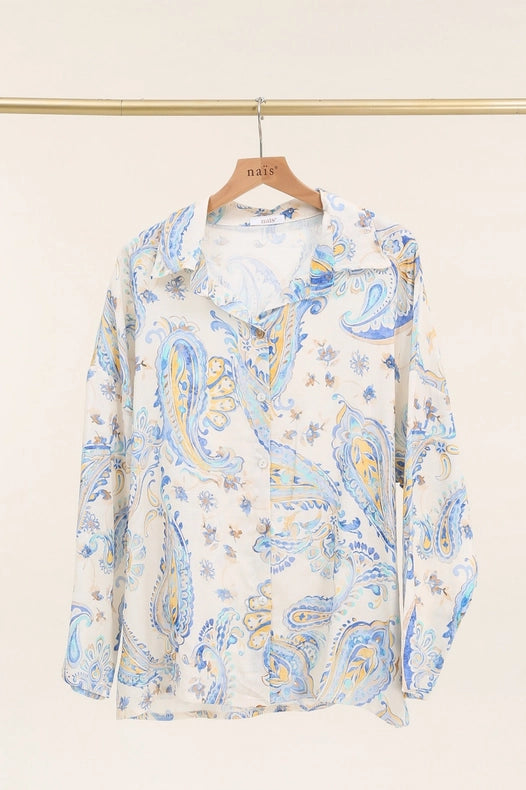 Long Sleeve Cashmere Print Shirt-Shirt-NAÏS PARIS-One size-Sky Blue-Urbanheer