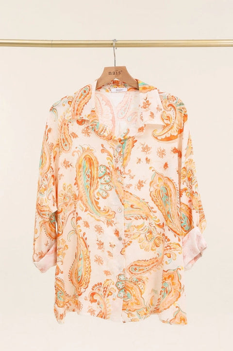 Long Sleeve Cashmere Print Shirt-Shirt-NAÏS PARIS-One size-Tangerine-Urbanheer