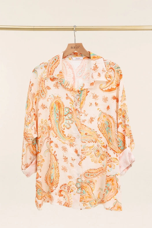 Long Sleeve Cashmere Print Shirt-Shirt-NAÏS PARIS-One size-Tangerine-Urbanheer