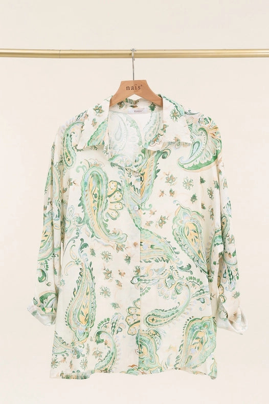 Long Sleeve Cashmere Print Shirt-Shirt-NAÏS PARIS-One size-bright green-Urbanheer