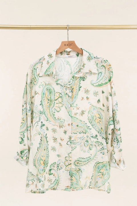 Long Sleeve Cashmere Print Shirt-Shirt-NAÏS PARIS-One size-bright green-Urbanheer