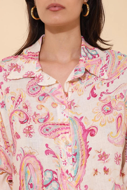 Long Sleeve Cashmere Print Shirt-Shirt-NAÏS PARIS-One size-Sky Blue-Urbanheer