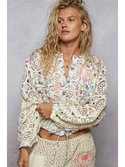 Long Sleeve Crochet Raw Edge Hoodie Woven Jacket CREAM MULTI-Jacket-Pol Clothing-S-CREAM MULTI-Urbanheer