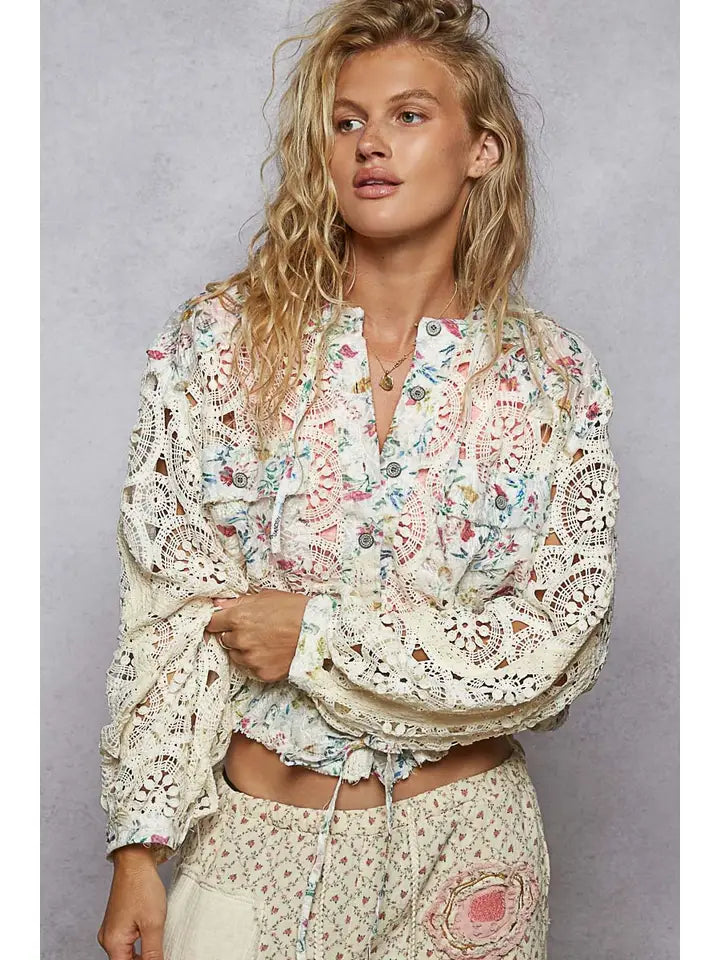 Long Sleeve Crochet Raw Edge Hoodie Woven Jacket CREAM MULTI-Jacket-Pol Clothing-S-CREAM MULTI-Urbanheer