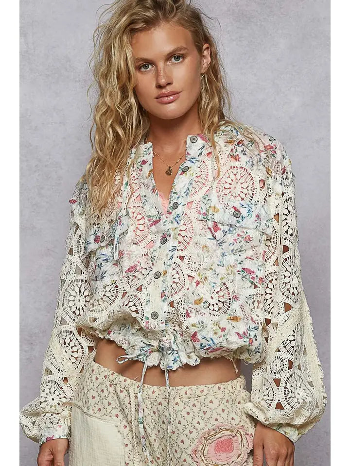 Long Sleeve Crochet Raw Edge Hoodie Woven Jacket CREAM MULTI-Jacket-Pol Clothing-S-CREAM MULTI-Urbanheer