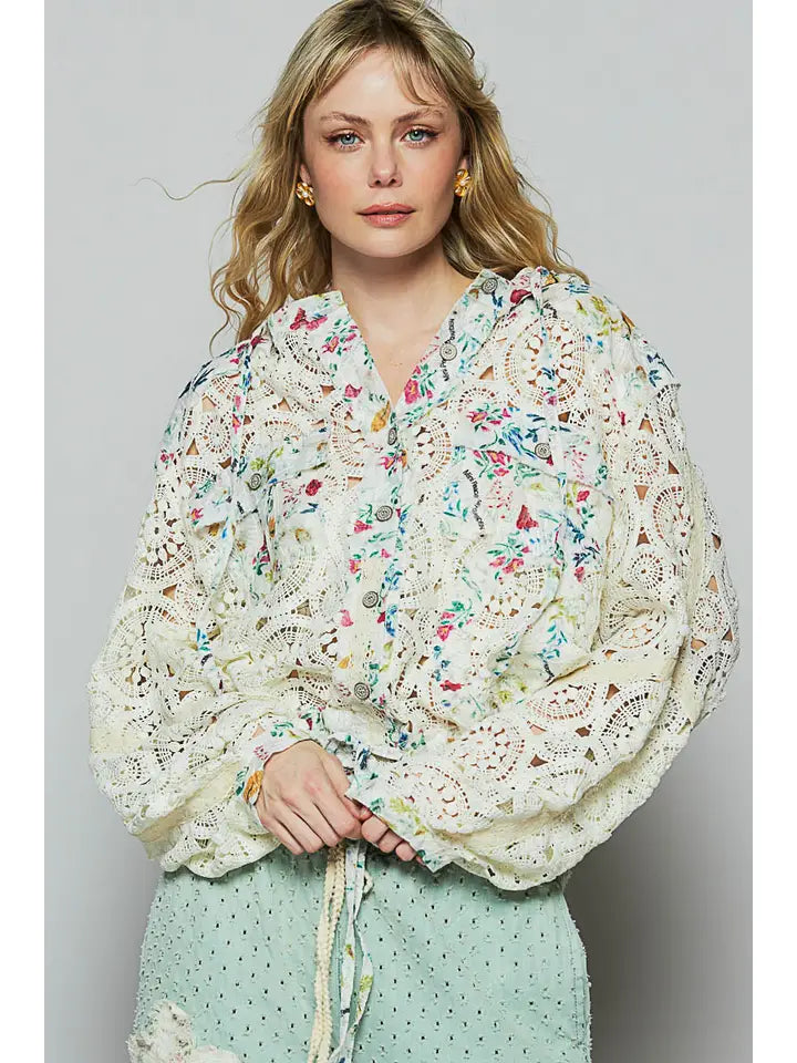 Long Sleeve Crochet Raw Edge Hoodie Woven Jacket CREAM MULTI-Jacket-Pol Clothing-S-CREAM MULTI-Urbanheer