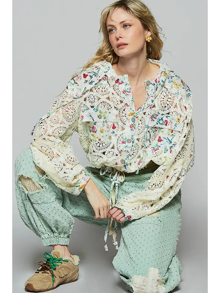 Long Sleeve Crochet Raw Edge Hoodie Woven Jacket CREAM MULTI-Jacket-Pol Clothing-S-CREAM MULTI-Urbanheer