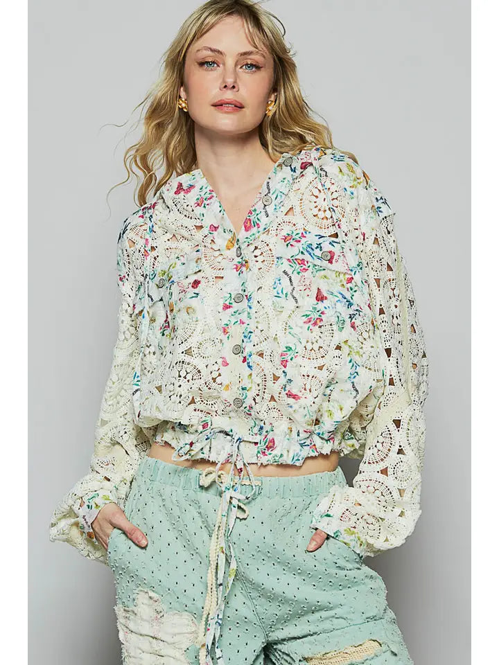 Long Sleeve Crochet Raw Edge Hoodie Woven Jacket CREAM MULTI-Jacket-Pol Clothing-S-CREAM MULTI-Urbanheer