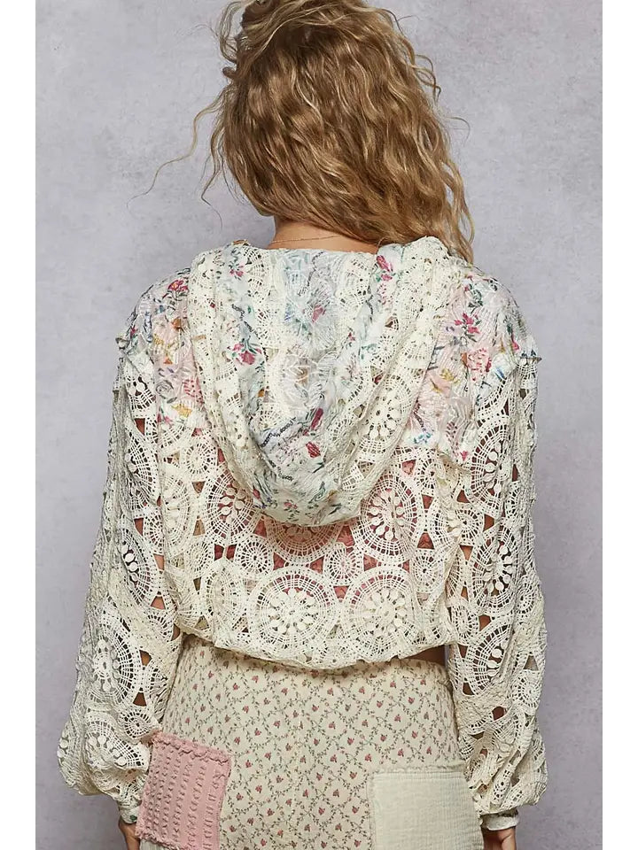 Long Sleeve Crochet Raw Edge Hoodie Woven Jacket CREAM MULTI-Jacket-Pol Clothing-S-CREAM MULTI-Urbanheer