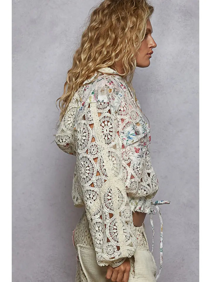 Long Sleeve Crochet Raw Edge Hoodie Woven Jacket CREAM MULTI-Jacket-Pol Clothing-S-CREAM MULTI-Urbanheer