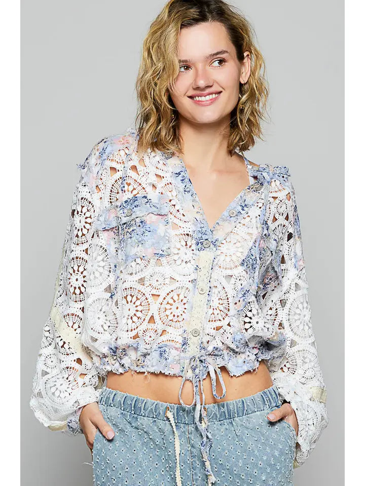 Long Sleeve Crochet Raw Edge Hoodie Woven Jacket IVORY MULTI-Jacket-Pol Clothing-S-IVORY MULTI-Urbanheer