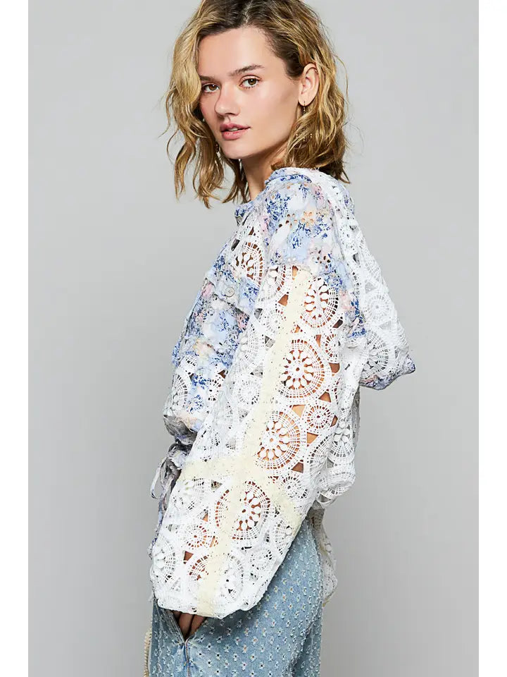 Long Sleeve Crochet Raw Edge Hoodie Woven Jacket IVORY MULTI-Jacket-Pol Clothing-S-IVORY MULTI-Urbanheer