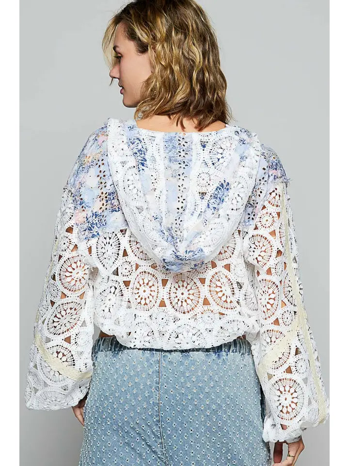 Long Sleeve Crochet Raw Edge Hoodie Woven Jacket IVORY MULTI-Jacket-Pol Clothing-S-IVORY MULTI-Urbanheer