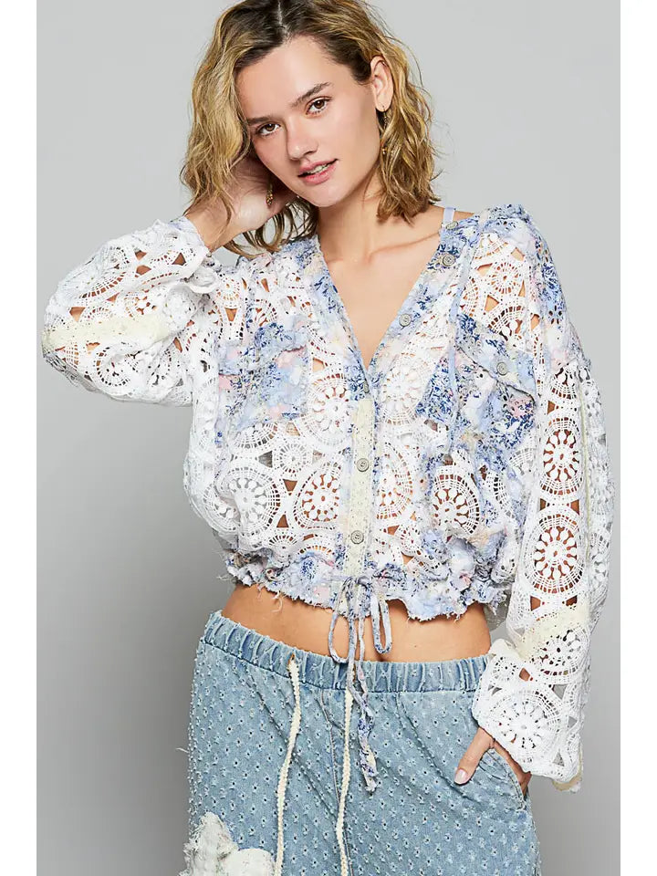 Long Sleeve Crochet Raw Edge Hoodie Woven Jacket IVORY MULTI-Jacket-Pol Clothing-S-IVORY MULTI-Urbanheer