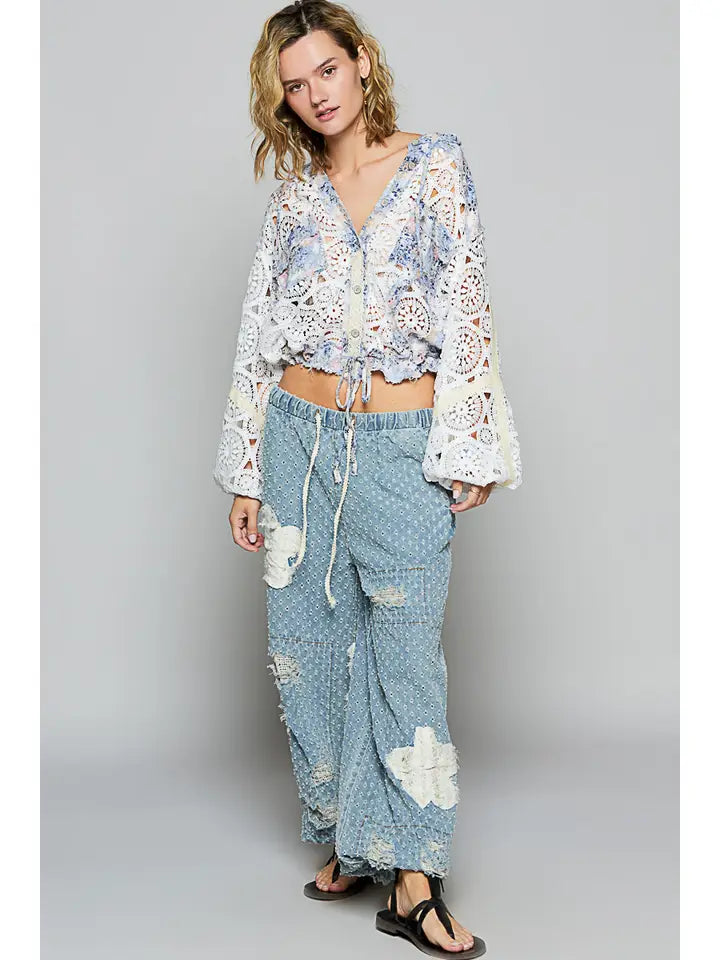 Long Sleeve Crochet Raw Edge Hoodie Woven Jacket IVORY MULTI-Jacket-Pol Clothing-S-IVORY MULTI-Urbanheer