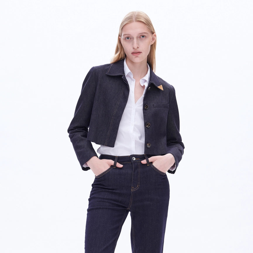 Long Sleeve Cropped Business Denim Blazer-Blazer-BAYEAS-XS-RINSE WASH-Urbanheer