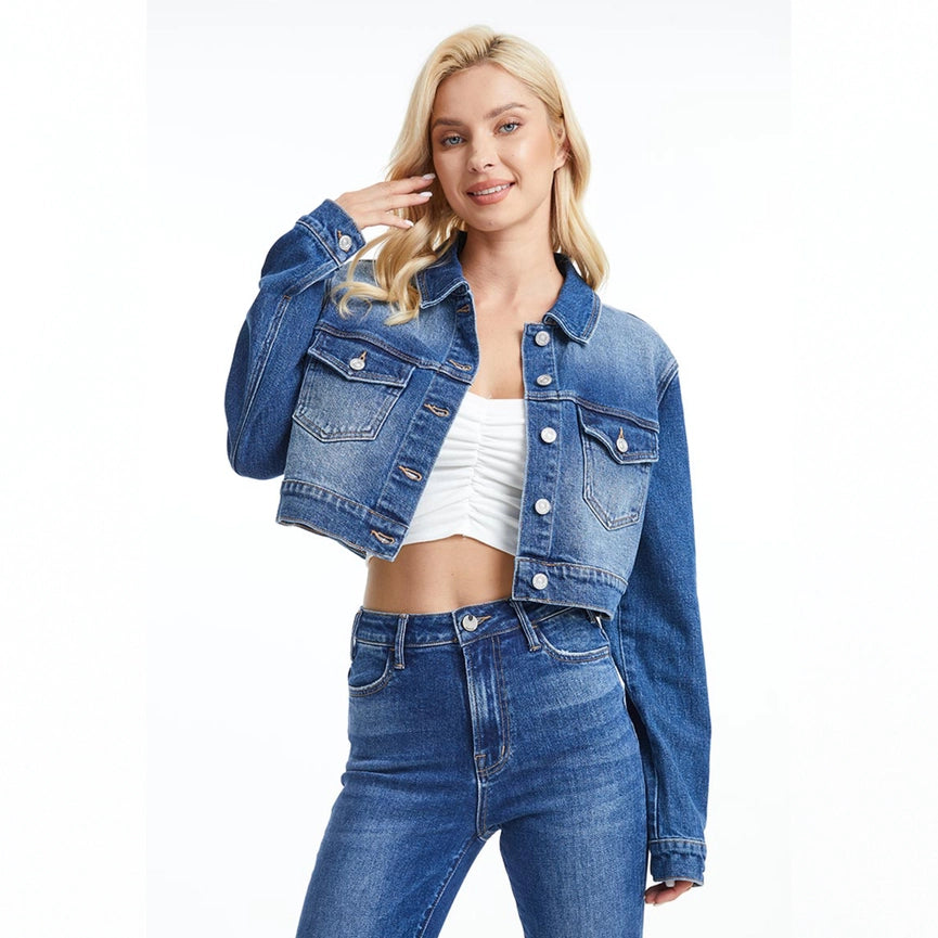 Long Sleeve Cropped Denim Jacket-Jacket-BAYEAS-XS-BLUE ALICE-Urbanheer
