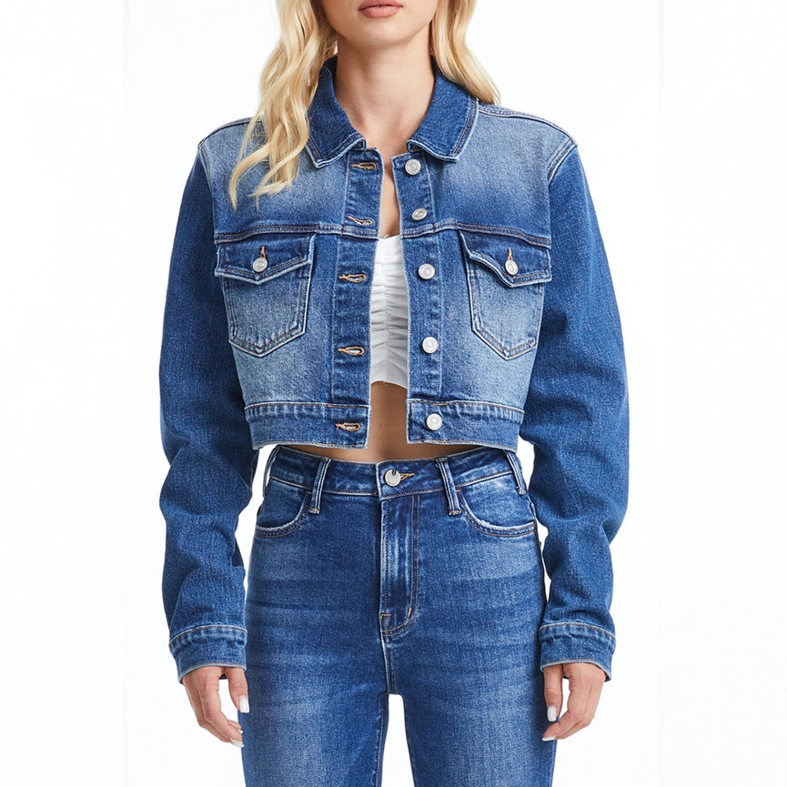 Long Sleeve Cropped Denim Jacket-Jacket-BAYEAS-XS-BLUE ALICE-Urbanheer