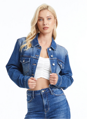 Long Sleeve Cropped Denim Jacket-Jacket-BAYEAS-XS-BLUE ALICE-Urbanheer