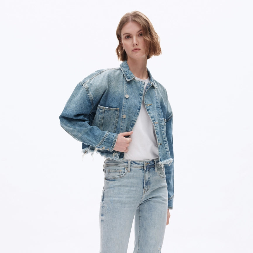 Long Sleeve Cropped Drop Shoulder Denim Jacket-Jacket-BAYEAS-S-MEDIUM BLUE-Urbanheer