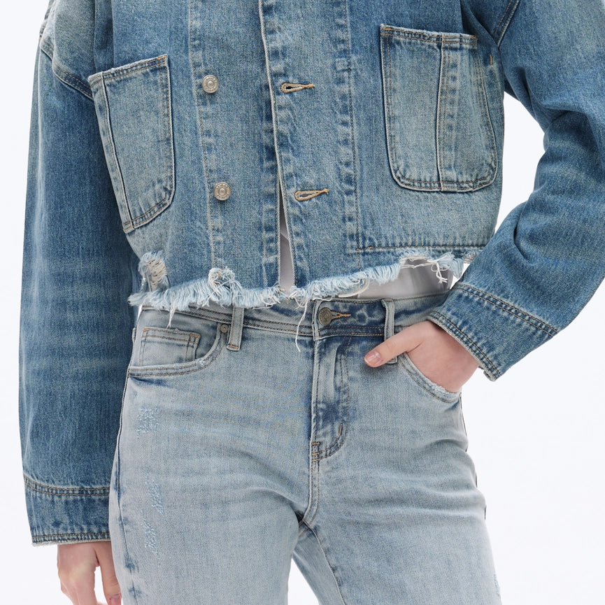 Long Sleeve Cropped Drop Shoulder Denim Jacket-Jacket-BAYEAS-S-MEDIUM BLUE-Urbanheer