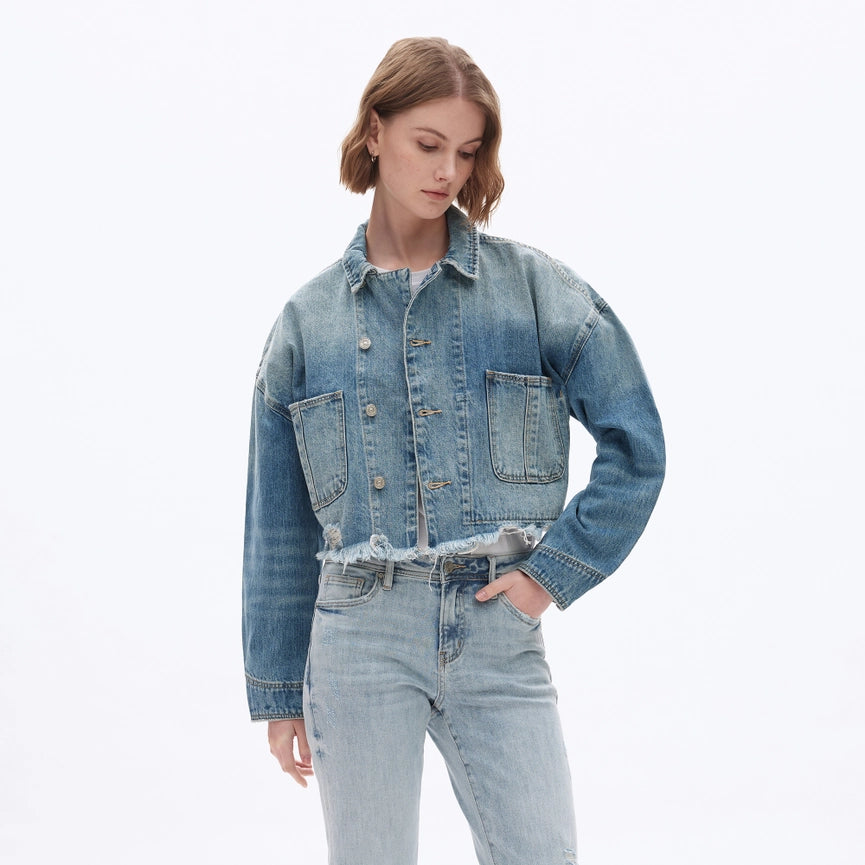 Long Sleeve Cropped Drop Shoulder Denim Jacket-Jacket-BAYEAS-S-MEDIUM BLUE-Urbanheer