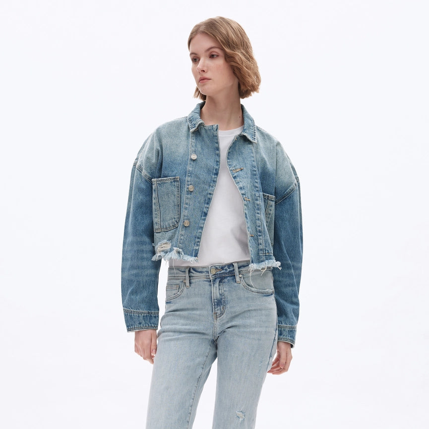 Long Sleeve Cropped Drop Shoulder Denim Jacket-Jacket-BAYEAS-S-MEDIUM BLUE-Urbanheer