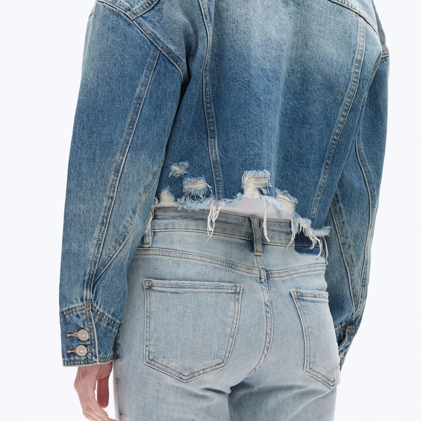 Long Sleeve Cropped Drop Shoulder Denim Jacket-Jacket-BAYEAS-S-MEDIUM BLUE-Urbanheer
