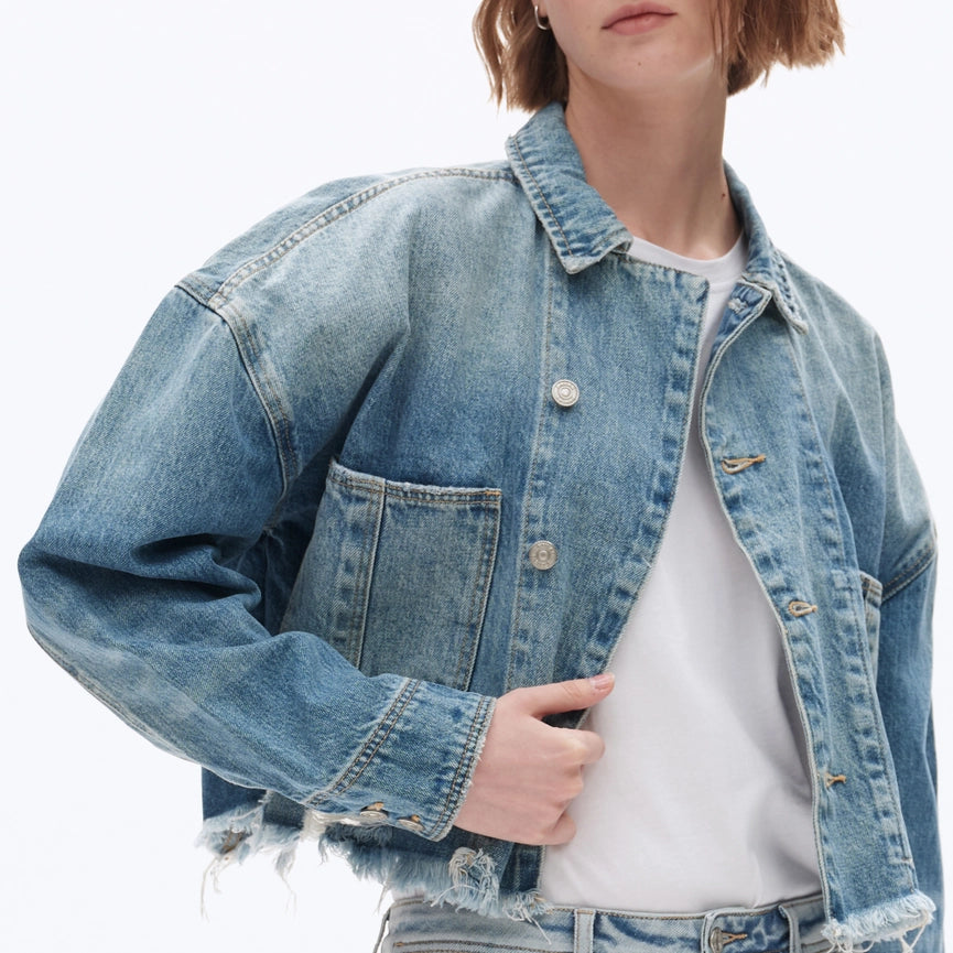 Long Sleeve Cropped Drop Shoulder Denim Jacket-Jacket-BAYEAS-S-MEDIUM BLUE-Urbanheer