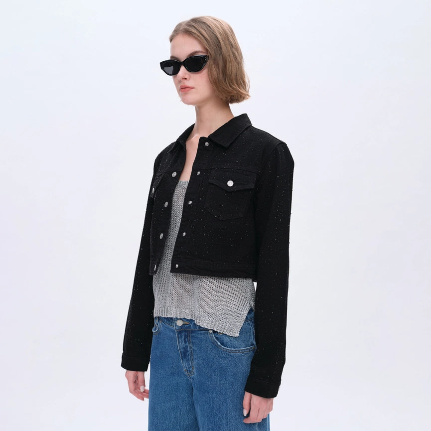 Long Sleeve Denim Jacket with Rhinestones-Jacket-BAYEAS-XS-BLACK-Urbanheer