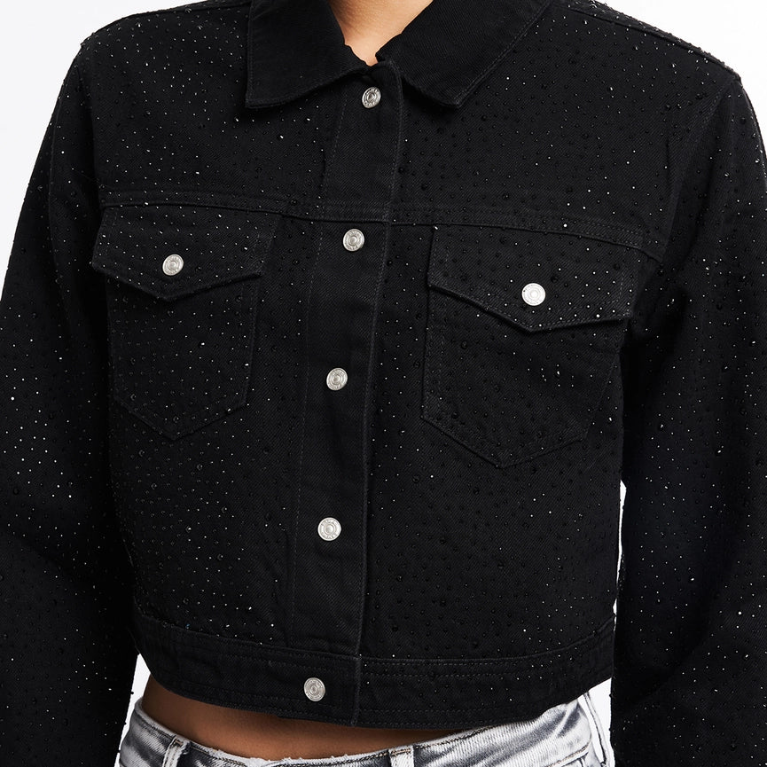 Long Sleeve Denim Jacket with Rhinestones-Jacket-BAYEAS-XS-BLACK-Urbanheer