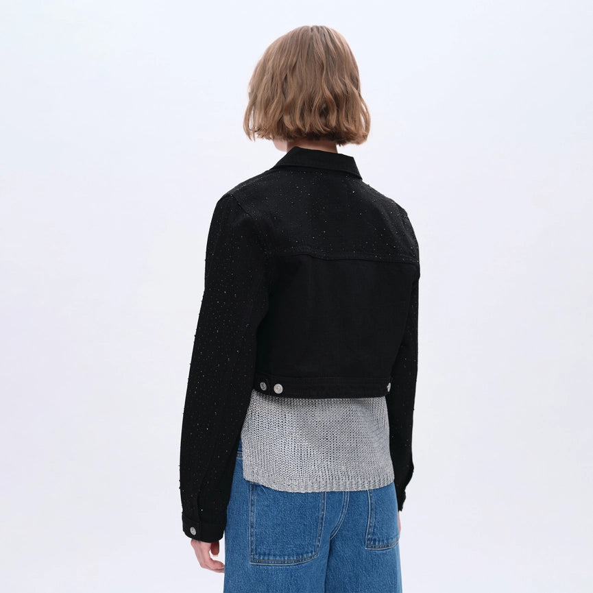 Long Sleeve Denim Jacket with Rhinestones-Jacket-BAYEAS-XS-BLACK-Urbanheer