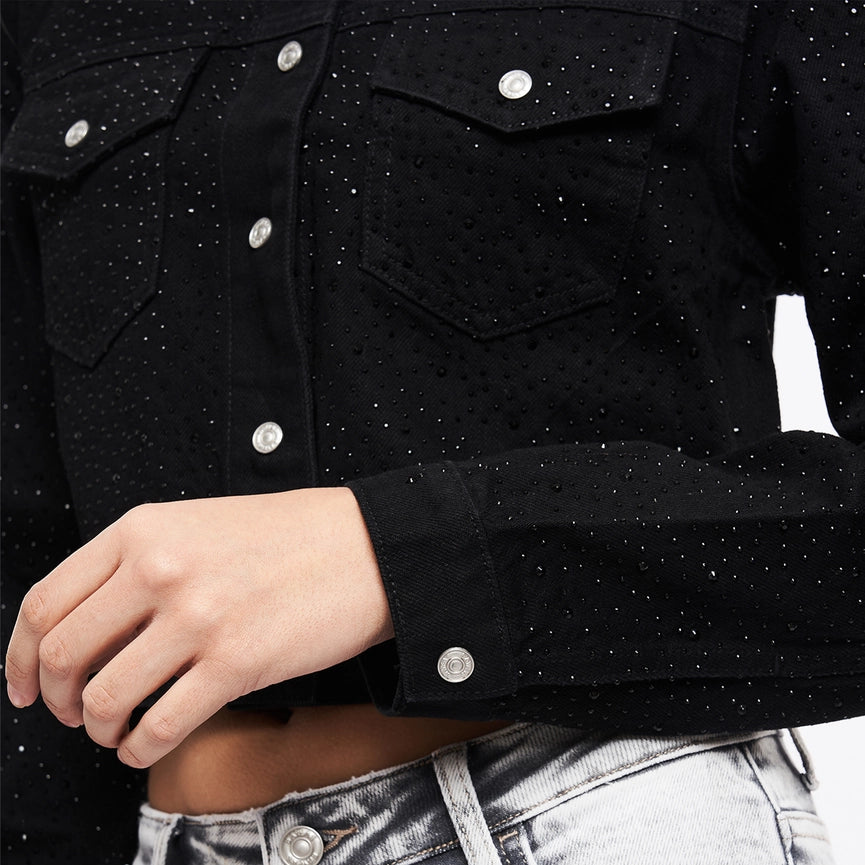 Long Sleeve Denim Jacket with Rhinestones-Jacket-BAYEAS-XS-BLACK-Urbanheer