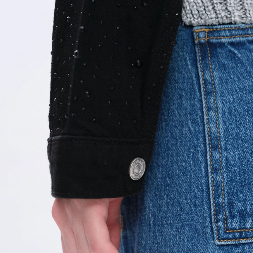 Long Sleeve Denim Jacket with Rhinestones-Jacket-BAYEAS-XS-BLACK-Urbanheer